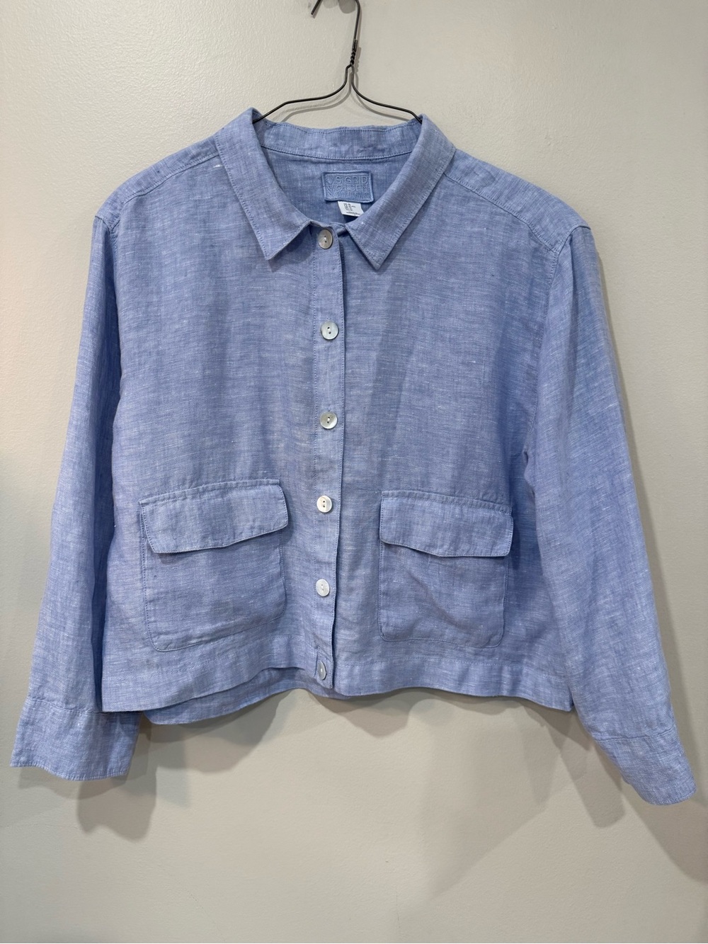 Sigrid Olsen Blue 100% Linen Cropped Button Down Shirt Jacket Pockets Cornflower